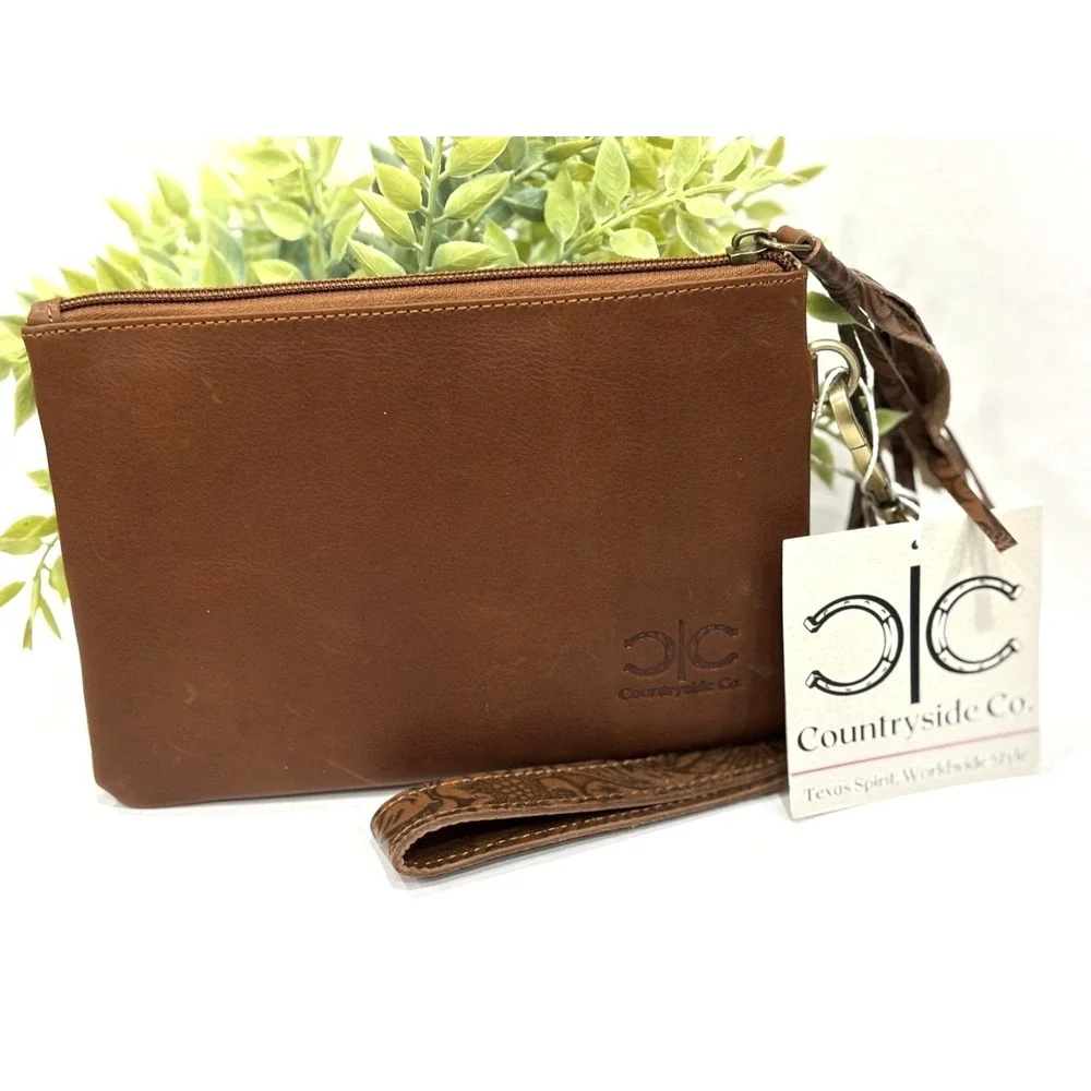 Countryside Co. Cowhide Tooled Leather Wristlet Clutch Brown White NWT